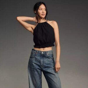 Anthropologie Pilcro Cropped Linen Halter Top - Black - Medium